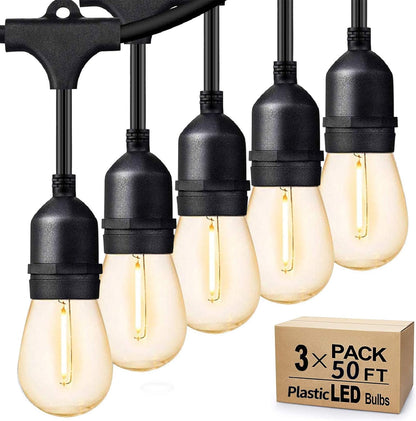 Svater Outdoor String Lights 150FT – 3-Pack 50FT, 48 Shatterproof S14 Bulbs, 1W Dimmable 2700K, IP65 Waterproof Patio Lighting