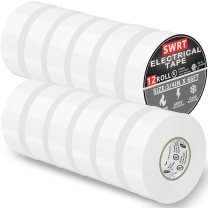 SWRT 12 Pack UL/CSA White Electrical Tape - 7 mil, 0.75 in x 66 ft, 600V
