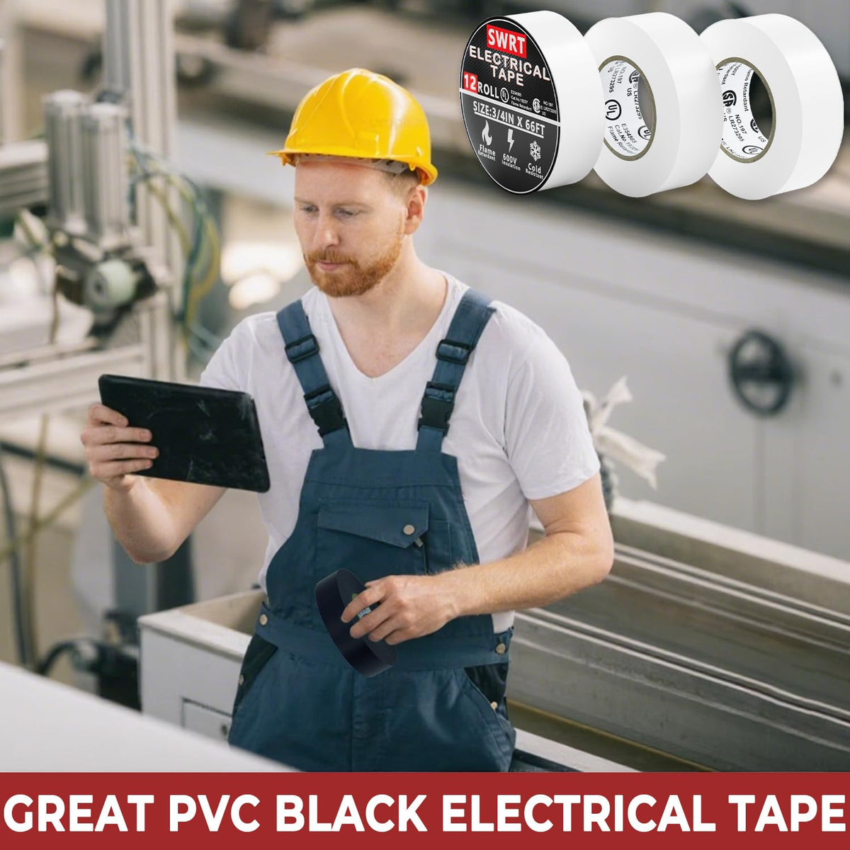 SWRT 12 Pack UL/CSA White Electrical Tape - 7 mil, 0.75 in x 66 ft, 600V