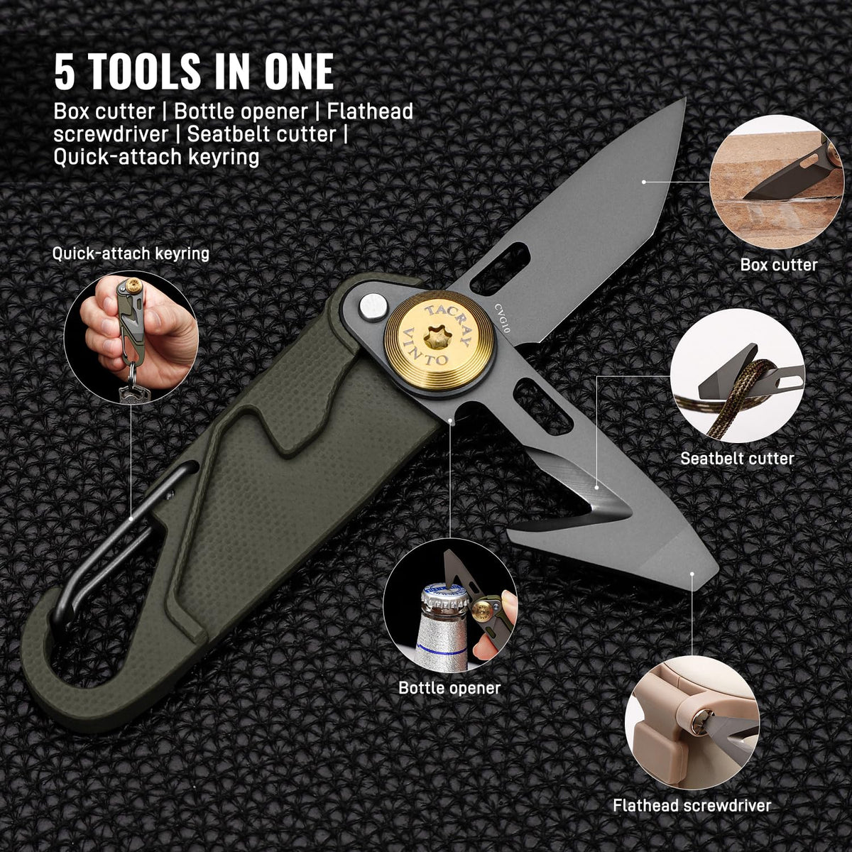Tacray Vinto 5-in-1 Ultra-Light Pocket Knife | EDC Multitool (Green)
