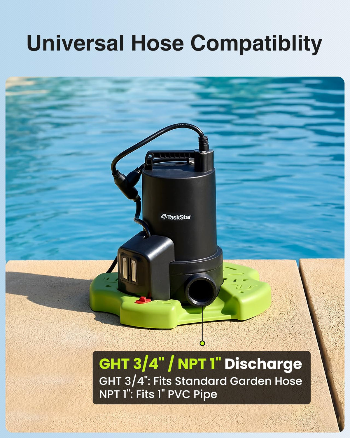 TaskStar 3035 GPH Automatic Pool Cover Pump — 1/3 HP Submersible with 23ft Hose Kit