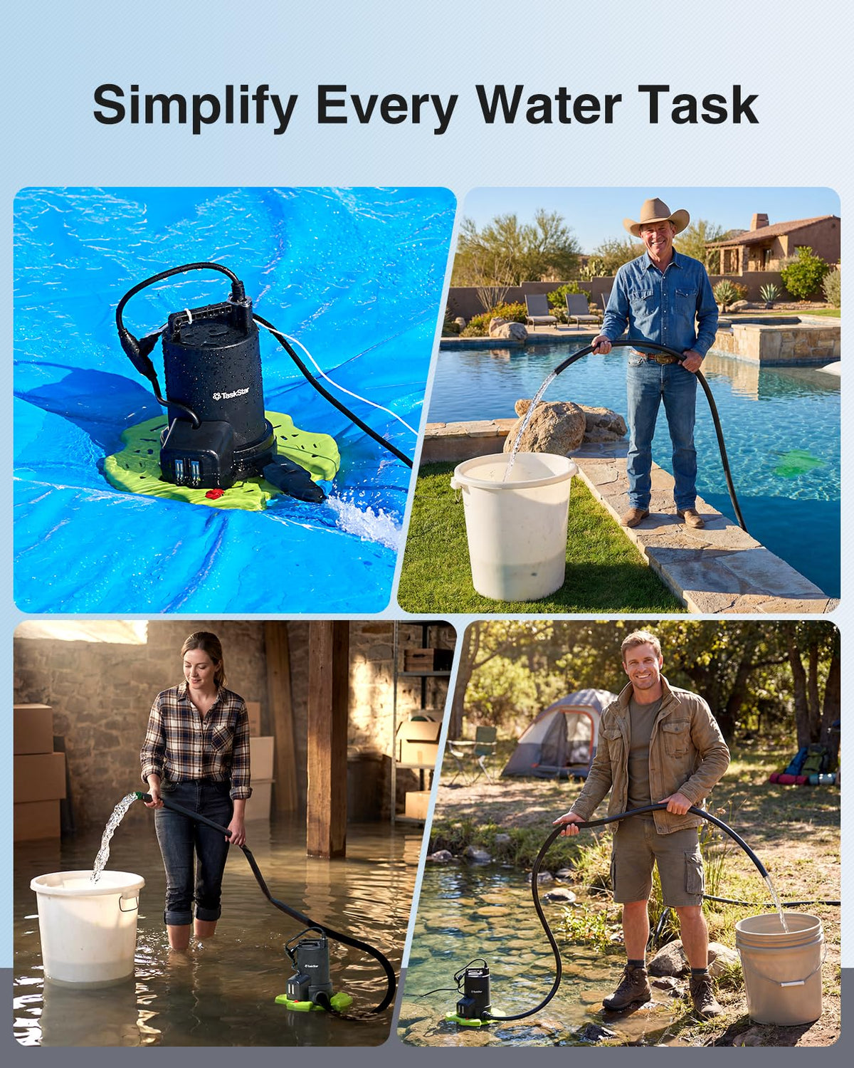 TaskStar 3035 GPH Automatic Pool Cover Pump — 1/3 HP Submersible with 23ft Hose Kit