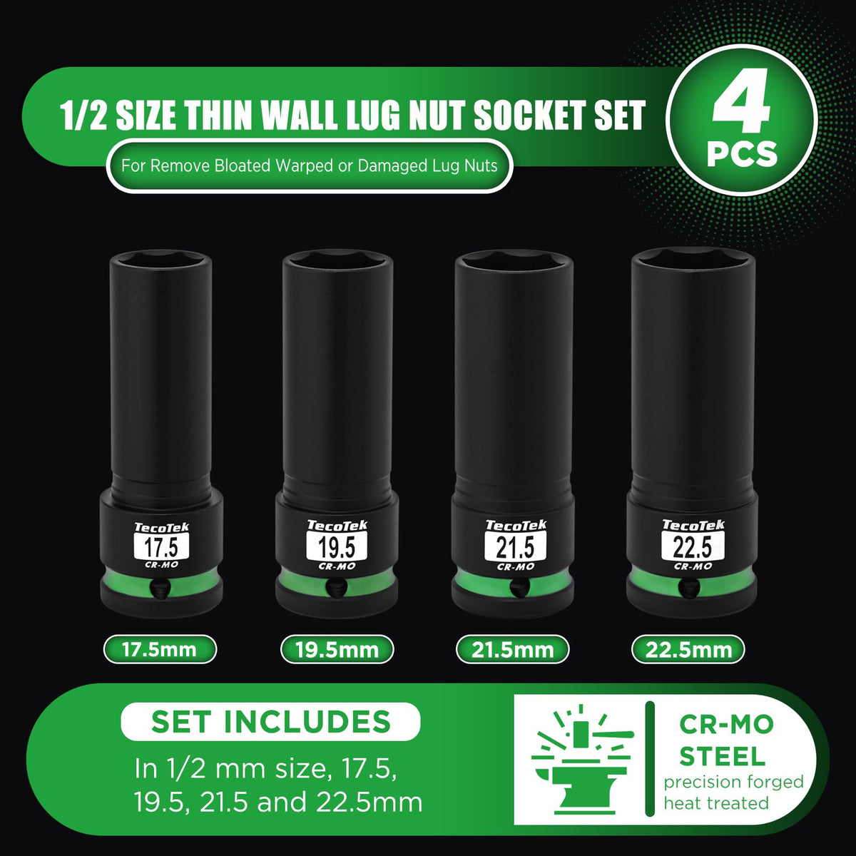TecoTek 4Pcs Half-Size Lug Nut Socket Set (17.5–22.5mm) – Thin Wall CR-MO