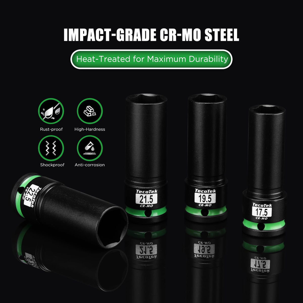 TecoTek 4Pcs Half-Size Lug Nut Socket Set (17.5–22.5mm) – Thin Wall CR-MO
