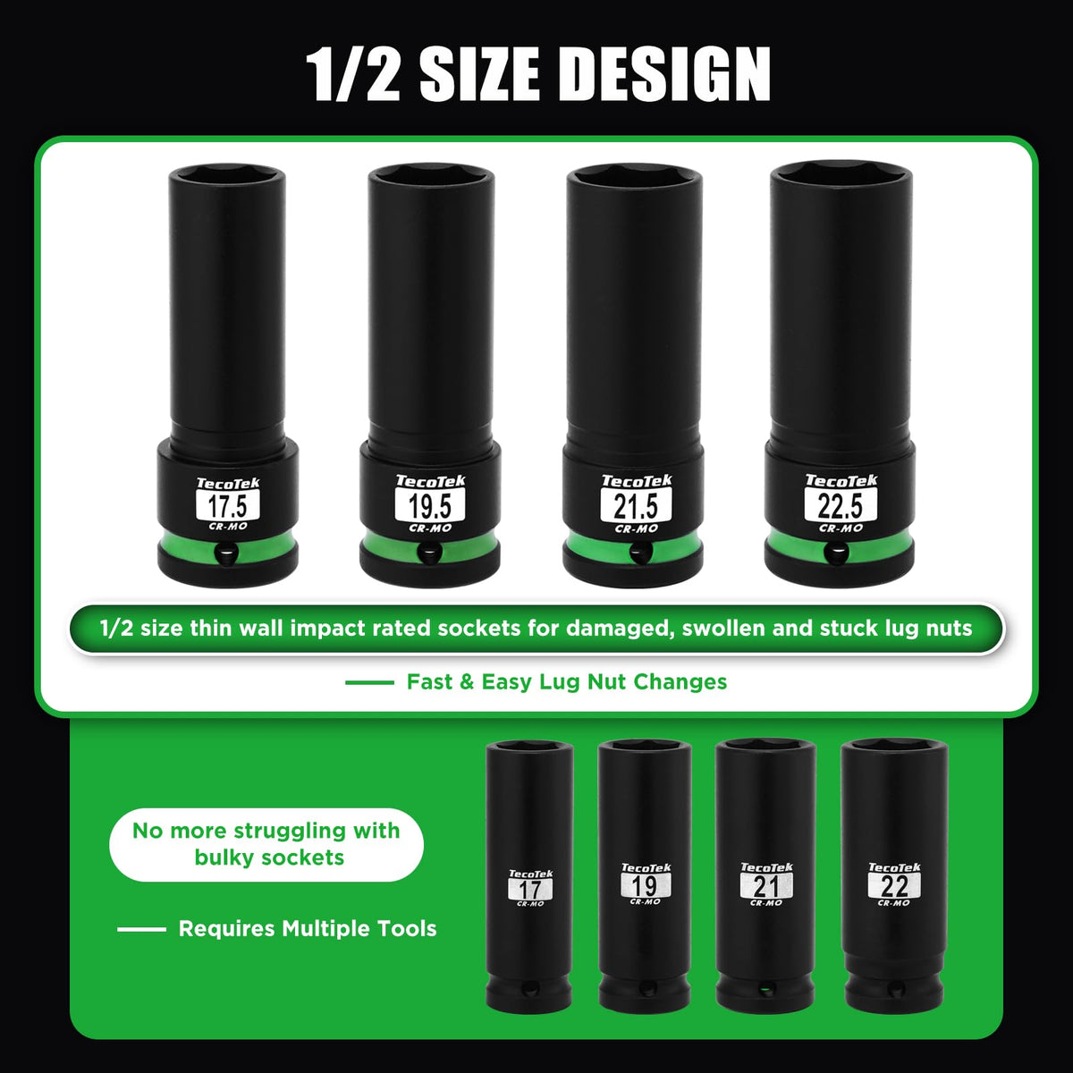 TecoTek 4Pcs Half-Size Lug Nut Socket Set (17.5–22.5mm) – Thin Wall CR-MO