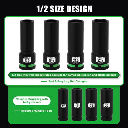 TecoTek 4Pcs Half-Size Lug Nut Socket Set (17.5–22.5mm) – Thin Wall CR-MO