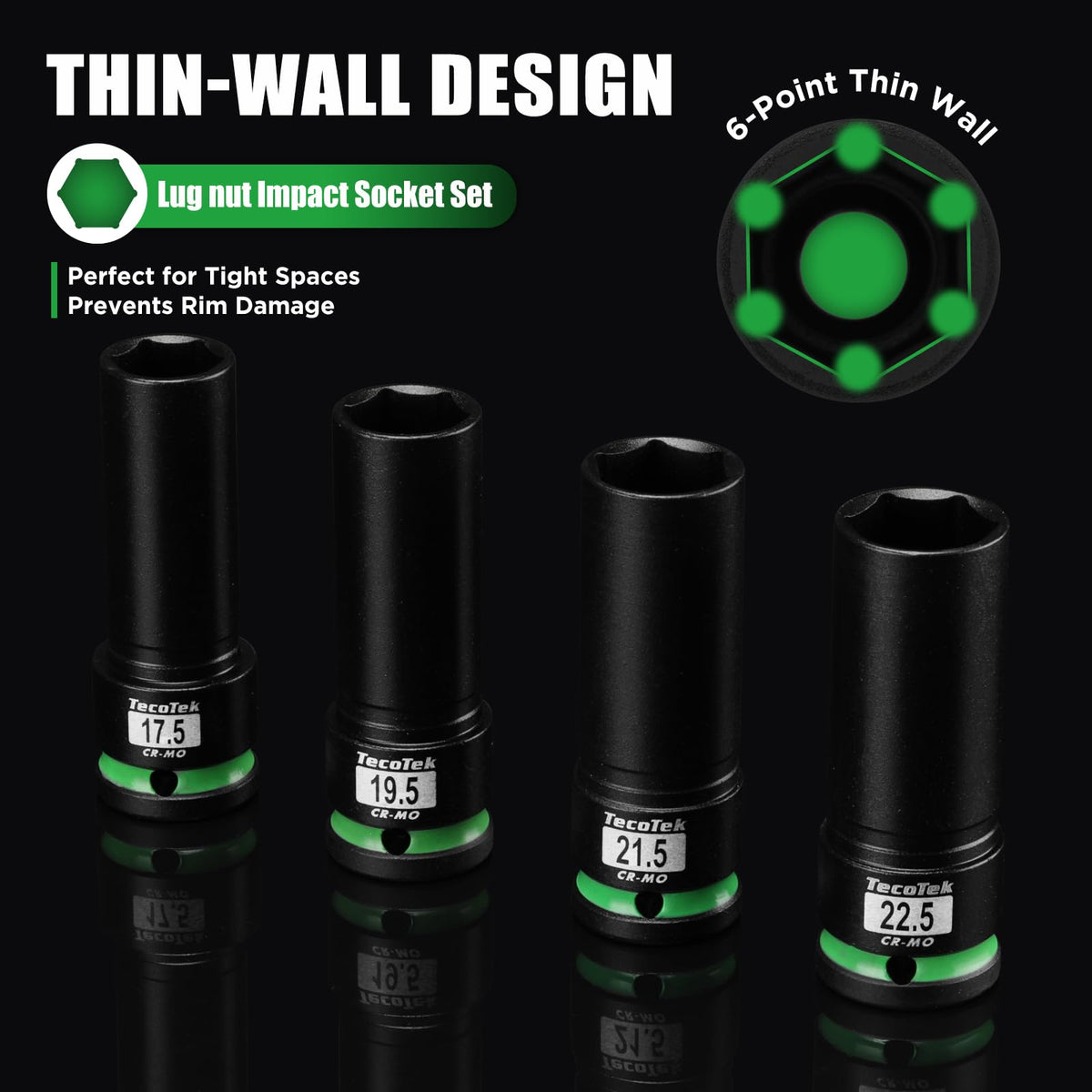TecoTek 4Pcs Half-Size Lug Nut Socket Set (17.5–22.5mm) – Thin Wall CR-MO