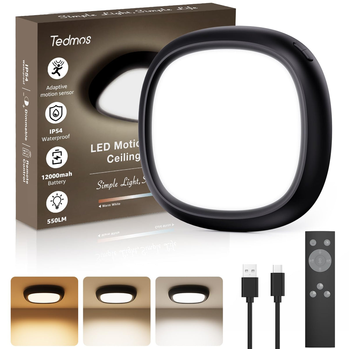Tedmos Motion Sensor Ceiling Light – Rechargeable Wireless LED with Remote (12000mAh)