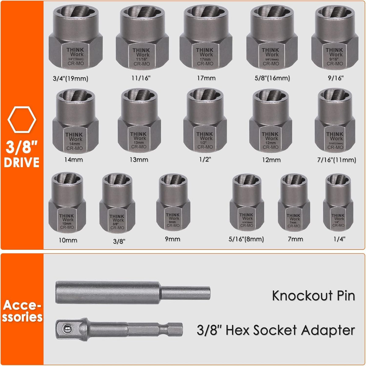THINKWORK Bolt Extractor Kit - 18-Piece Lug Nut Remover, 3/8 Drive