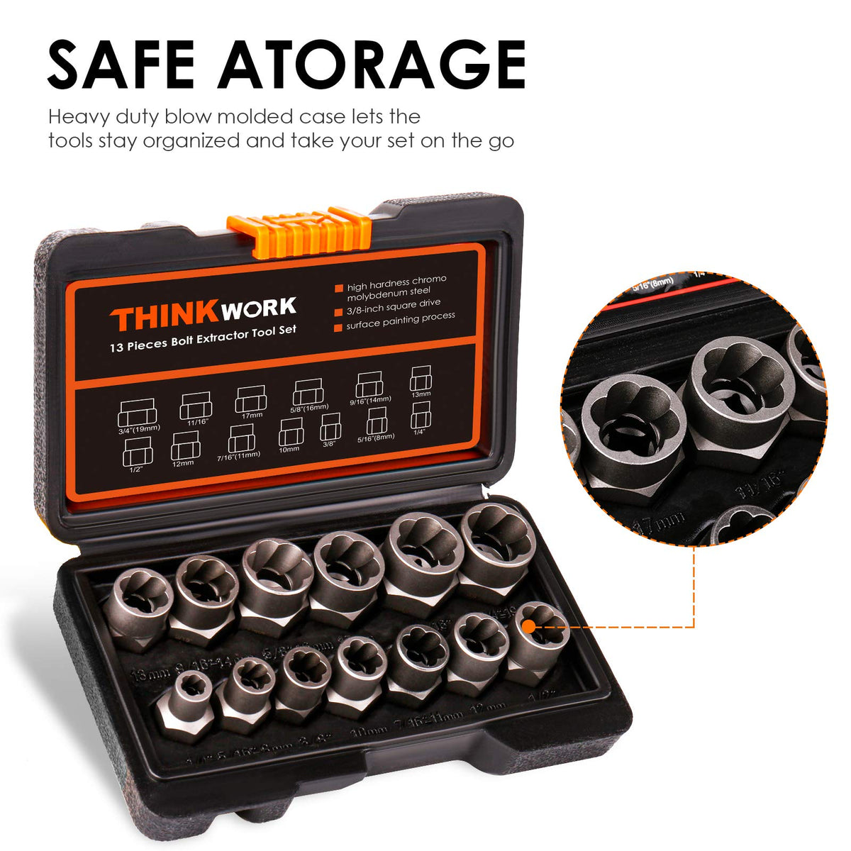 THINKWORK Bolt Extractor Kit – 13+1 Pieces, 3/8 Drive Lug Nut Remover for Damaged Fasteners