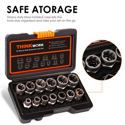 THINKWORK Bolt Extractor Kit – 13+1 Pieces, 3/8 Drive Lug Nut Remover for Damaged Fasteners