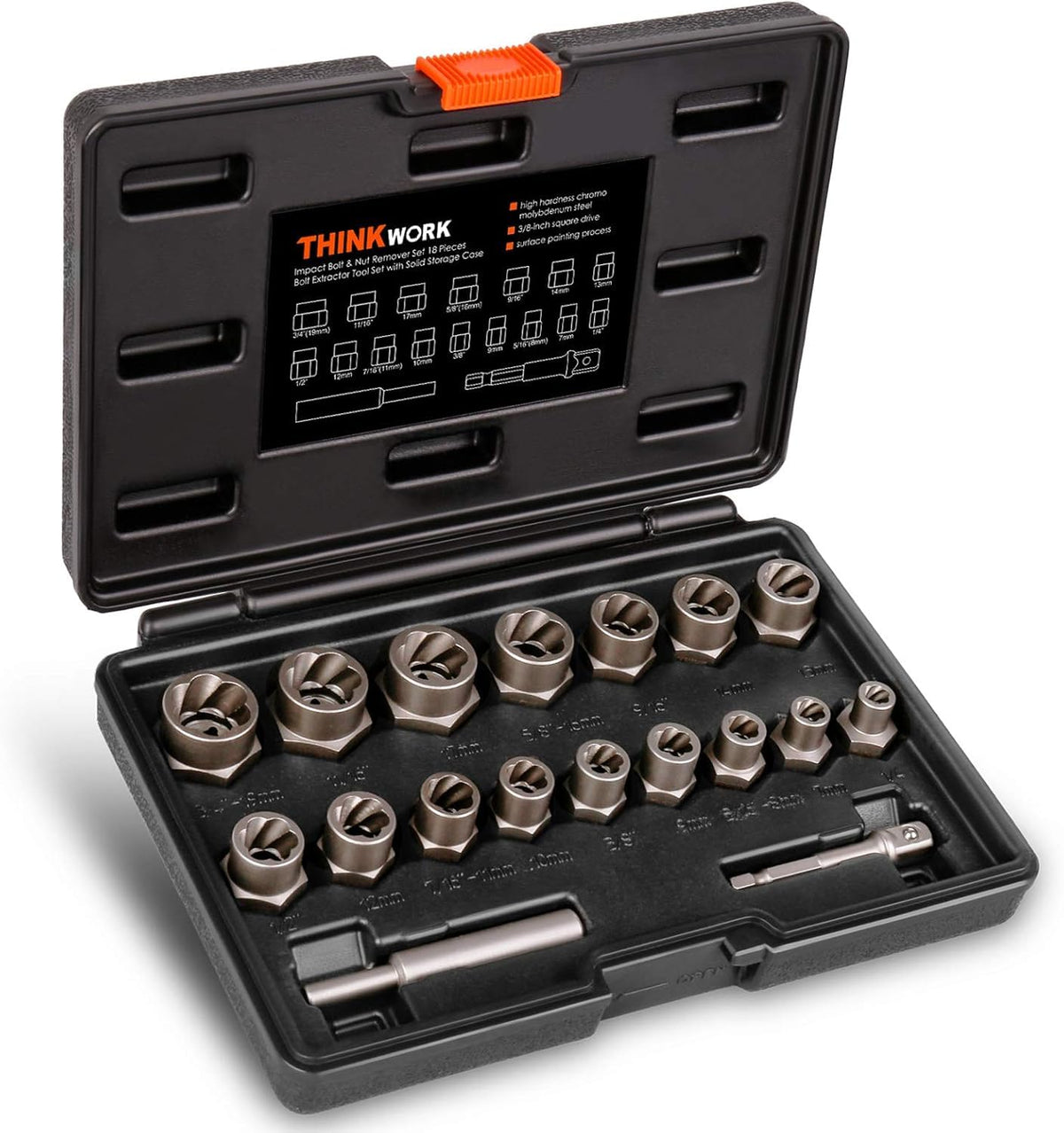 THINKWORK Bolt Extractor Kit - 18-Piece Lug Nut Remover, 3/8 Drive