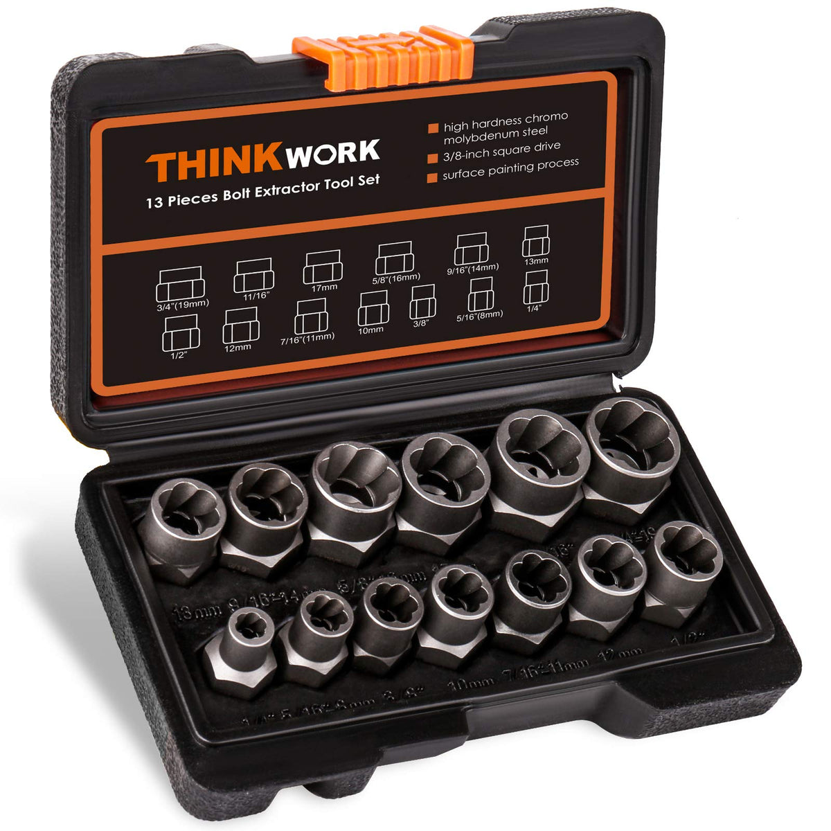 THINKWORK Bolt Extractor Kit – 13+1 Pieces, 3/8 Drive Lug Nut Remover for Damaged Fasteners