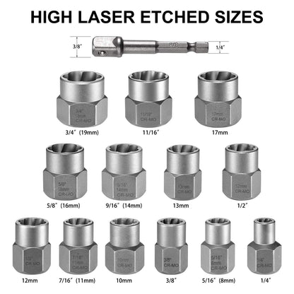 THINKWORK Bolt Extractor Kit – 13+1 Pieces, 3/8 Drive Lug Nut Remover for Damaged Fasteners