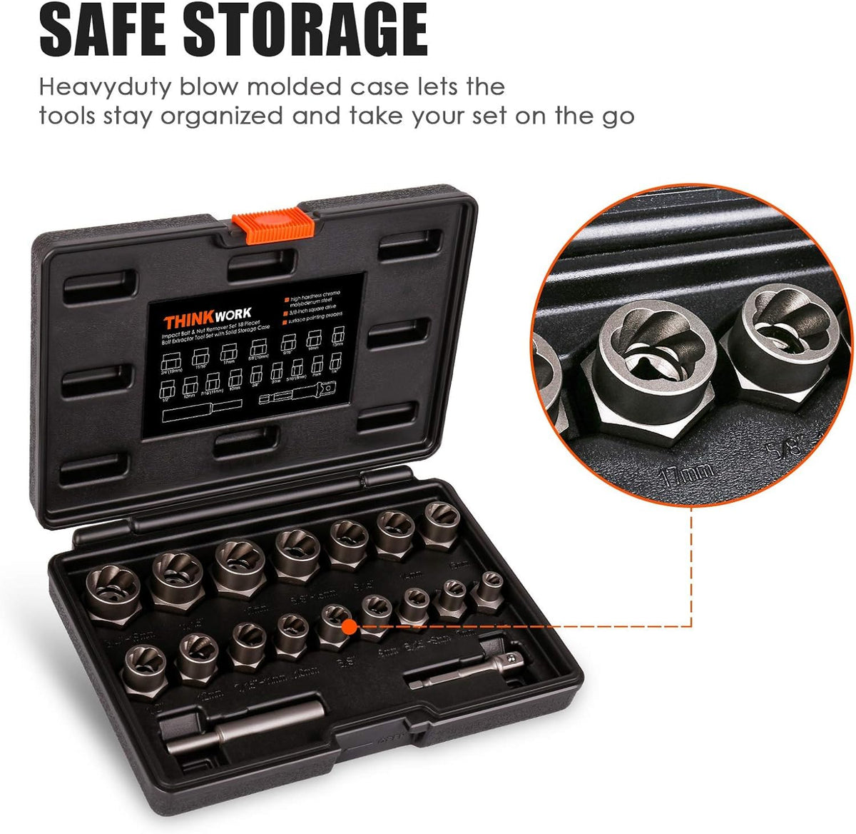 THINKWORK Bolt Extractor Kit - 18-Piece Lug Nut Remover, 3/8 Drive
