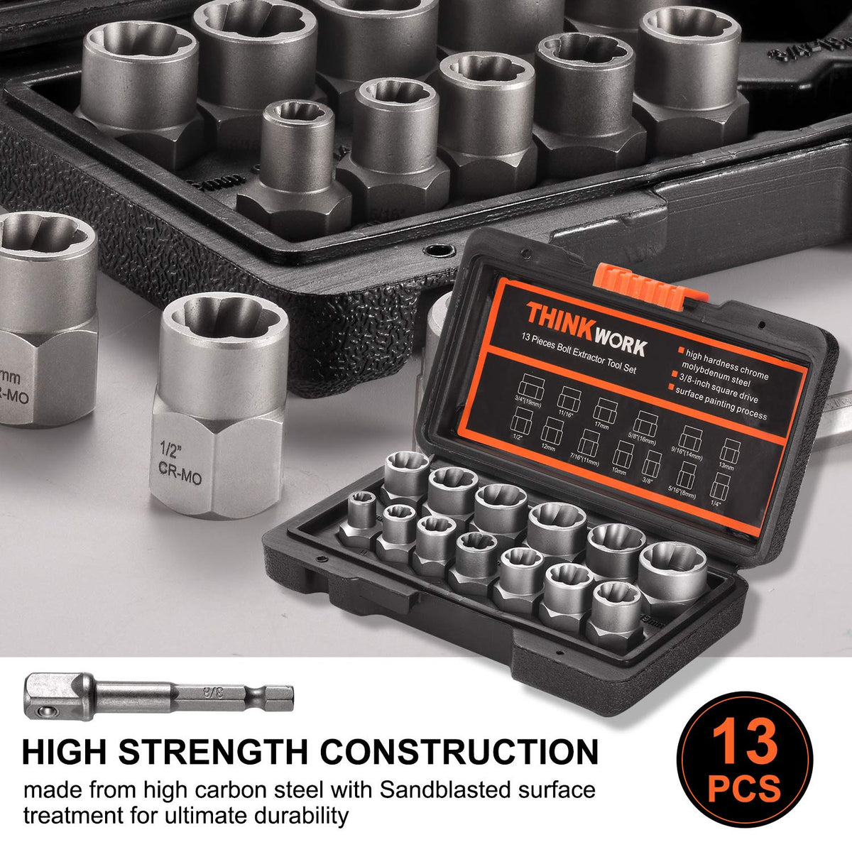 THINKWORK Bolt Extractor Kit – 13+1 Pieces, 3/8 Drive Lug Nut Remover for Damaged Fasteners