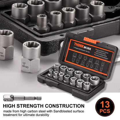THINKWORK Bolt Extractor Kit – 13+1 Pieces, 3/8 Drive Lug Nut Remover for Damaged Fasteners