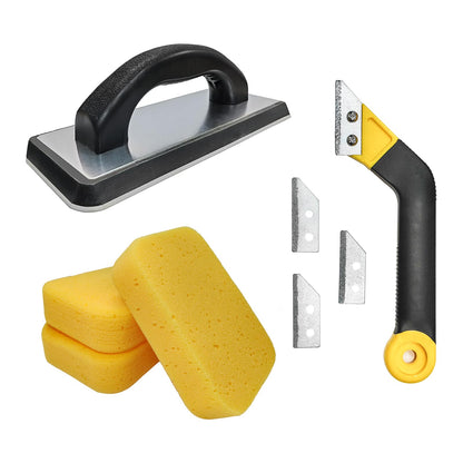 Thrseely 8 Pcs Grout Tool Set – Rubber Grout Float, Sponges, Angled Tile Saw & Replacement Blades (Yellow)