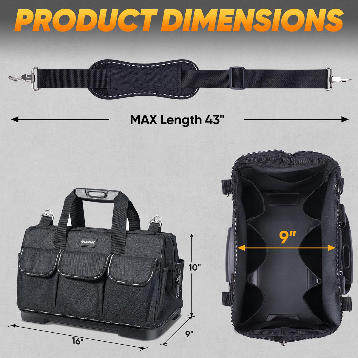 TICONN Heavy Duty Tool Bag with Multi-Pockets – 16-Inch Molded Base, Adjustable Strap