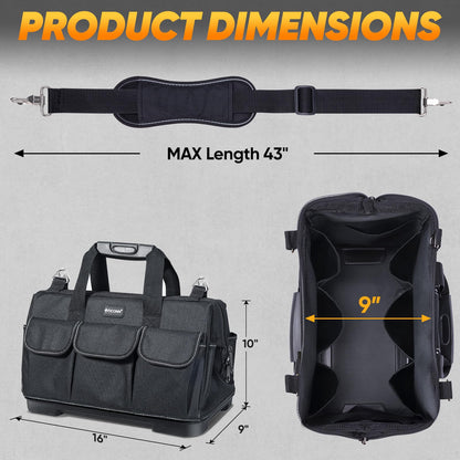 TICONN Heavy Duty Tool Bag with Multi-Pockets – 16-Inch Molded Base, Adjustable Strap