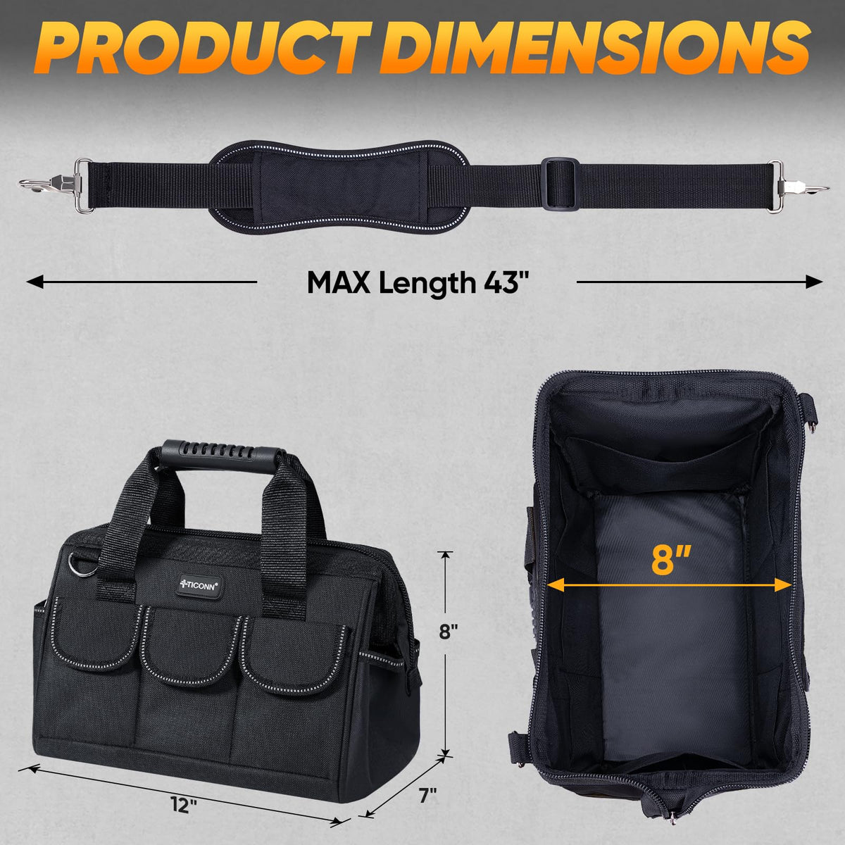 TICONN Heavy Duty Tool Bag with Multi-Pockets - 12-Inch Base, Ergonomic Handle, Adjustable Shoulder Strap
