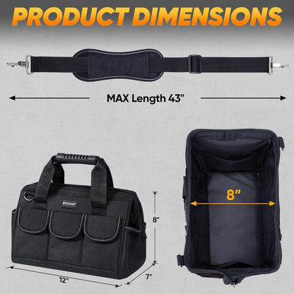 TICONN Heavy Duty Tool Bag with Multi-Pockets - 12-Inch Base, Ergonomic Handle, Adjustable Shoulder Strap
