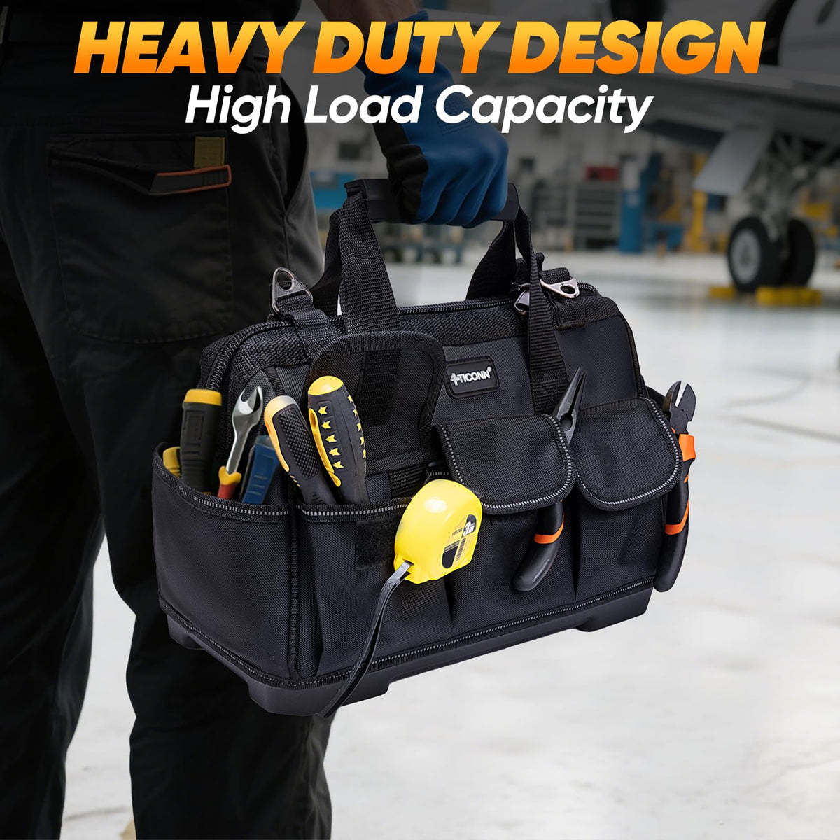 TICONN Heavy Duty Tool Bag with Multi-Pockets – 16-Inch Molded Base, Adjustable Strap