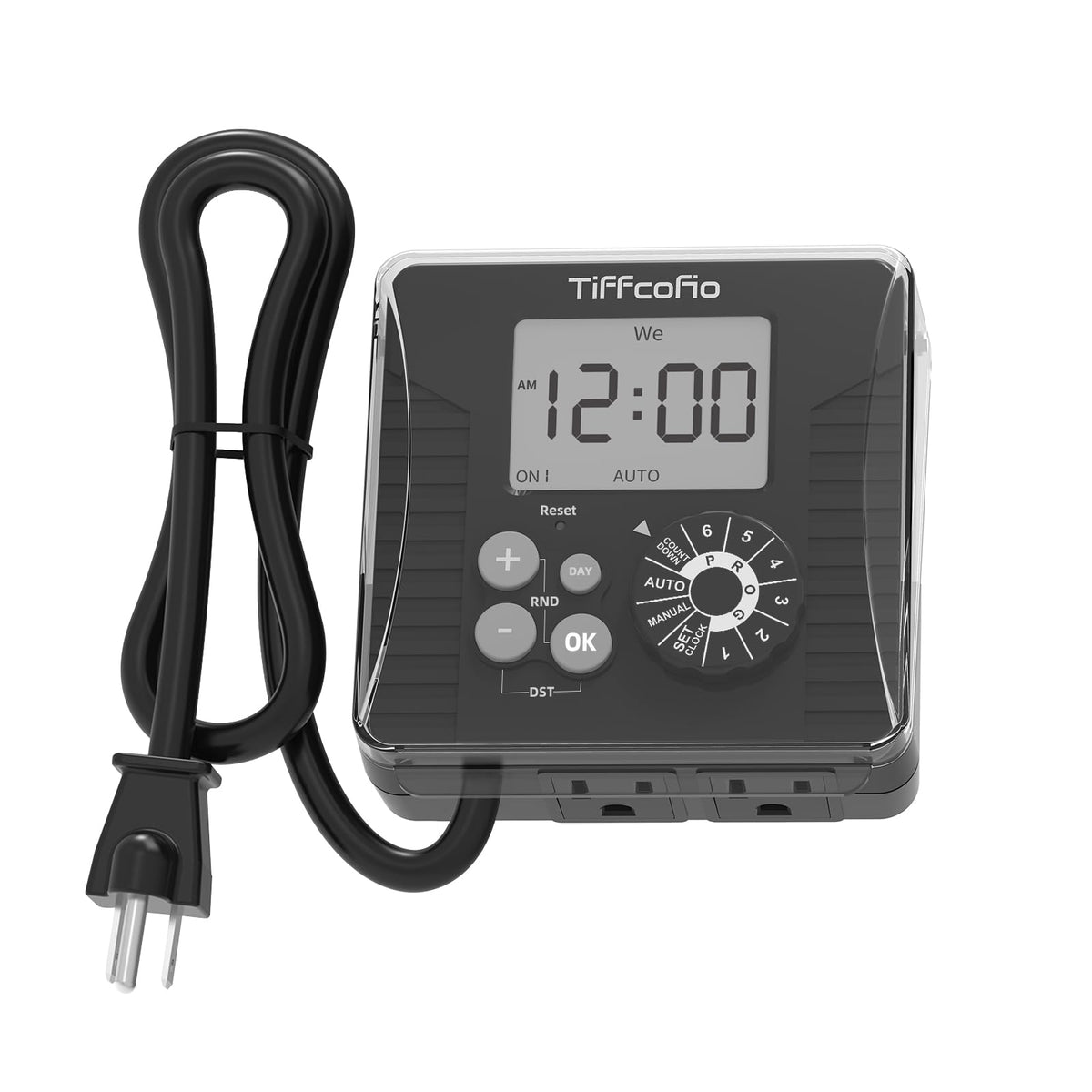 TiFFCOFiO Outdoor Timer – Waterproof Dial Programmable, 2ft Cord, 2 Outlets, 6 Programs