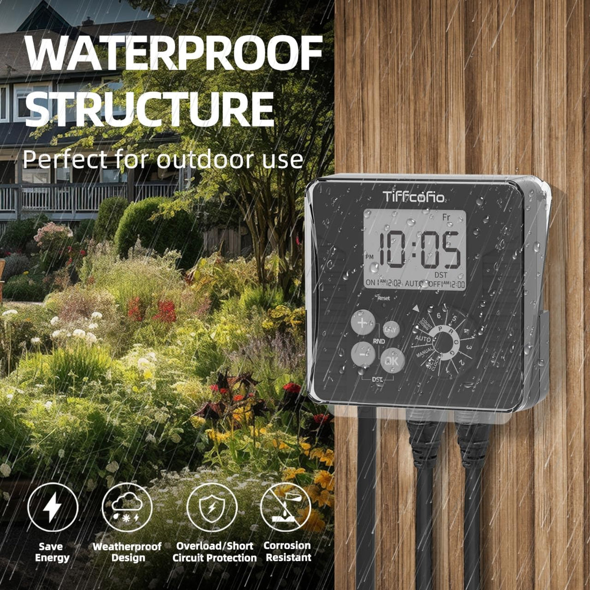 TiFFCOFiO Outdoor Timer – Waterproof Dial Programmable, 2ft Cord, 2 Outlets, 6 Programs