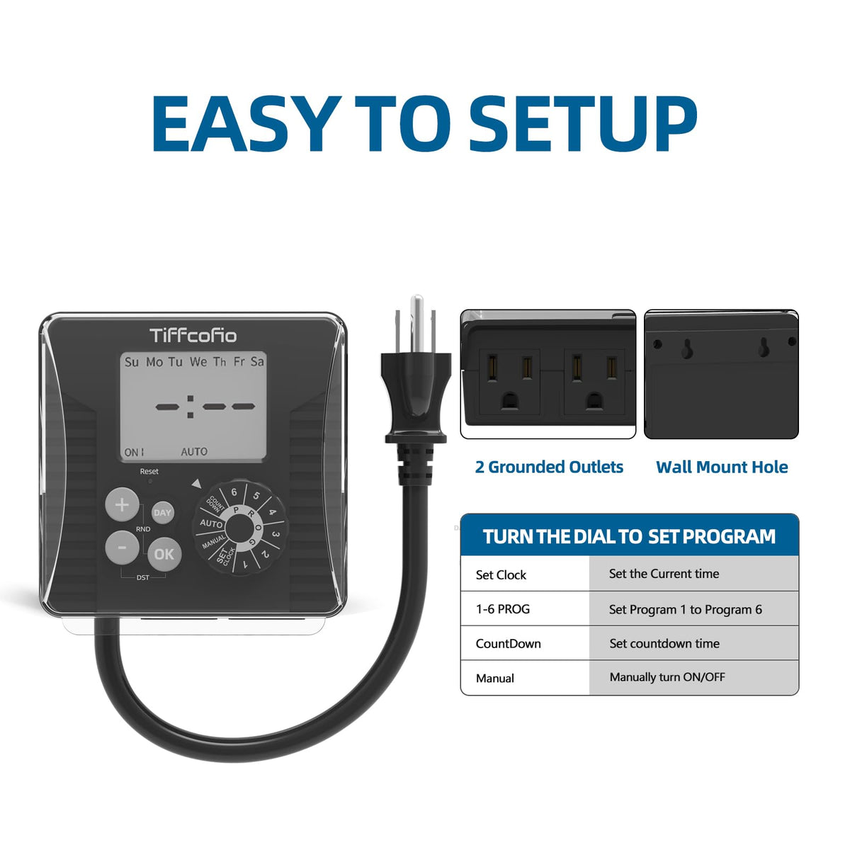 TiFFCOFiO Outdoor Timer – Waterproof Dial Programmable, 2ft Cord, 2 Outlets, 6 Programs