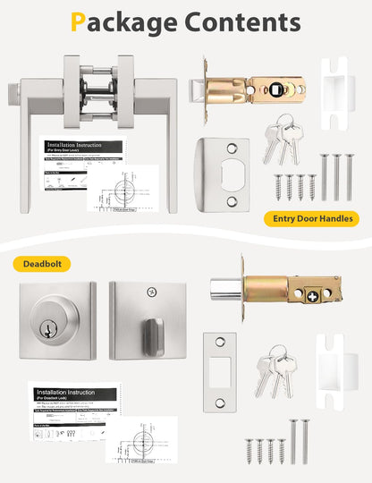 Tinewa Brushed Nickel Keyed Alike Front Door Levers with Deadbolt – 2 Pack