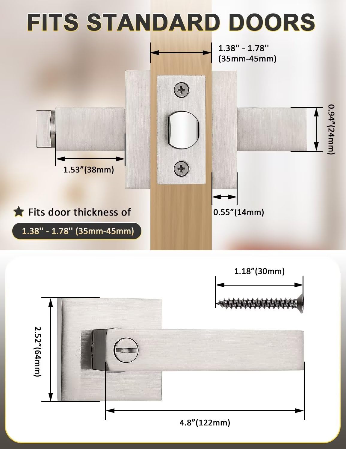Tinewa 10-Pack Privacy Square Door Handles – Brushed Nickel, Keyless, Reversible