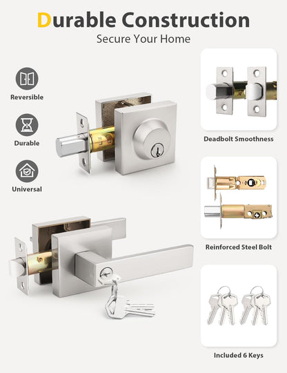 Tinewa Brushed Nickel Keyed Alike Front Door Levers with Deadbolt – 2 Pack