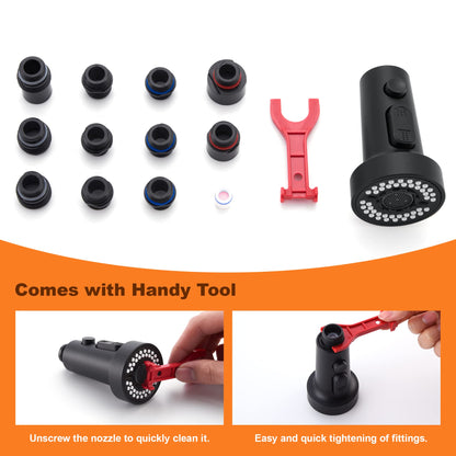 TIORIY Kitchen Faucet Head Replacement Black - 15 Adapters, 3 Modes, Matte Finish