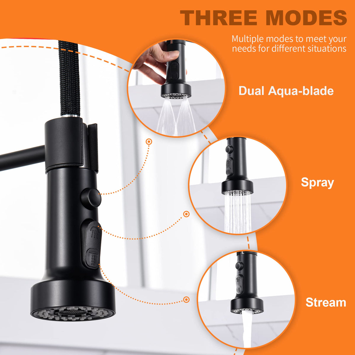 TIORIY Kitchen Faucet Head Replacement Black - 15 Adapters, 3 Modes, Matte Finish