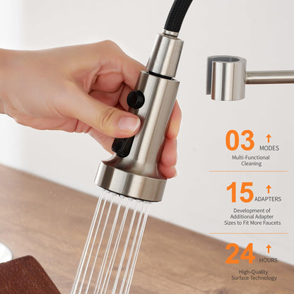 TIORIY Pull Down Spray Head Replacement — 15 Adapters, 3-Function, Brushed Nickel