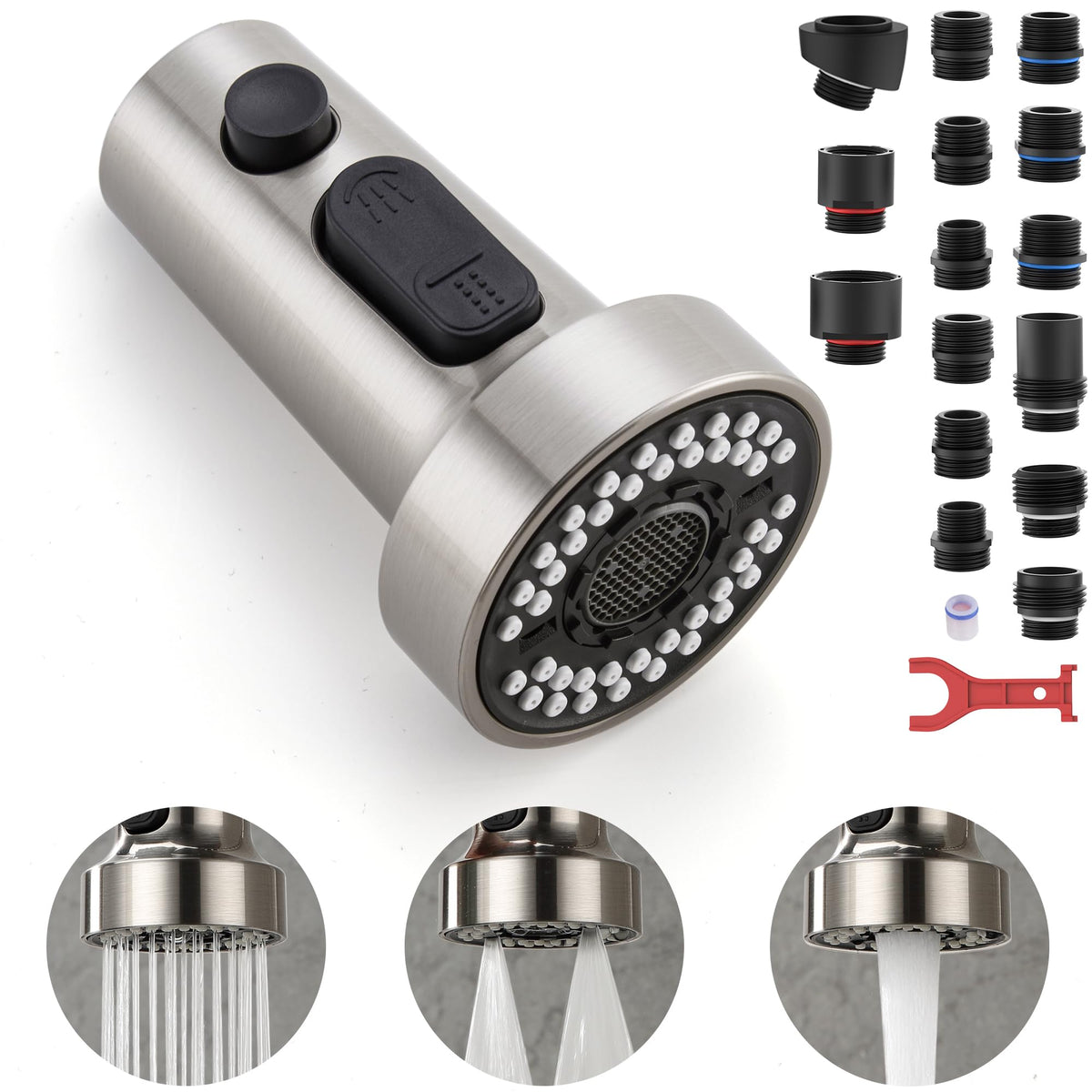TIORIY Pull Down Spray Head Replacement — 15 Adapters, 3-Function, Brushed Nickel