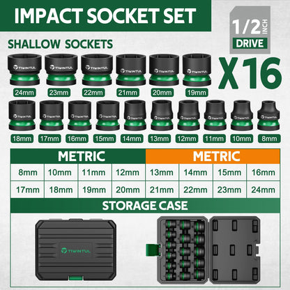 TIWINTUL 1/2-Inch Drive Shallow Impact Socket Set - 8–24mm, 16-Piece, CR-MO, 6-Point
