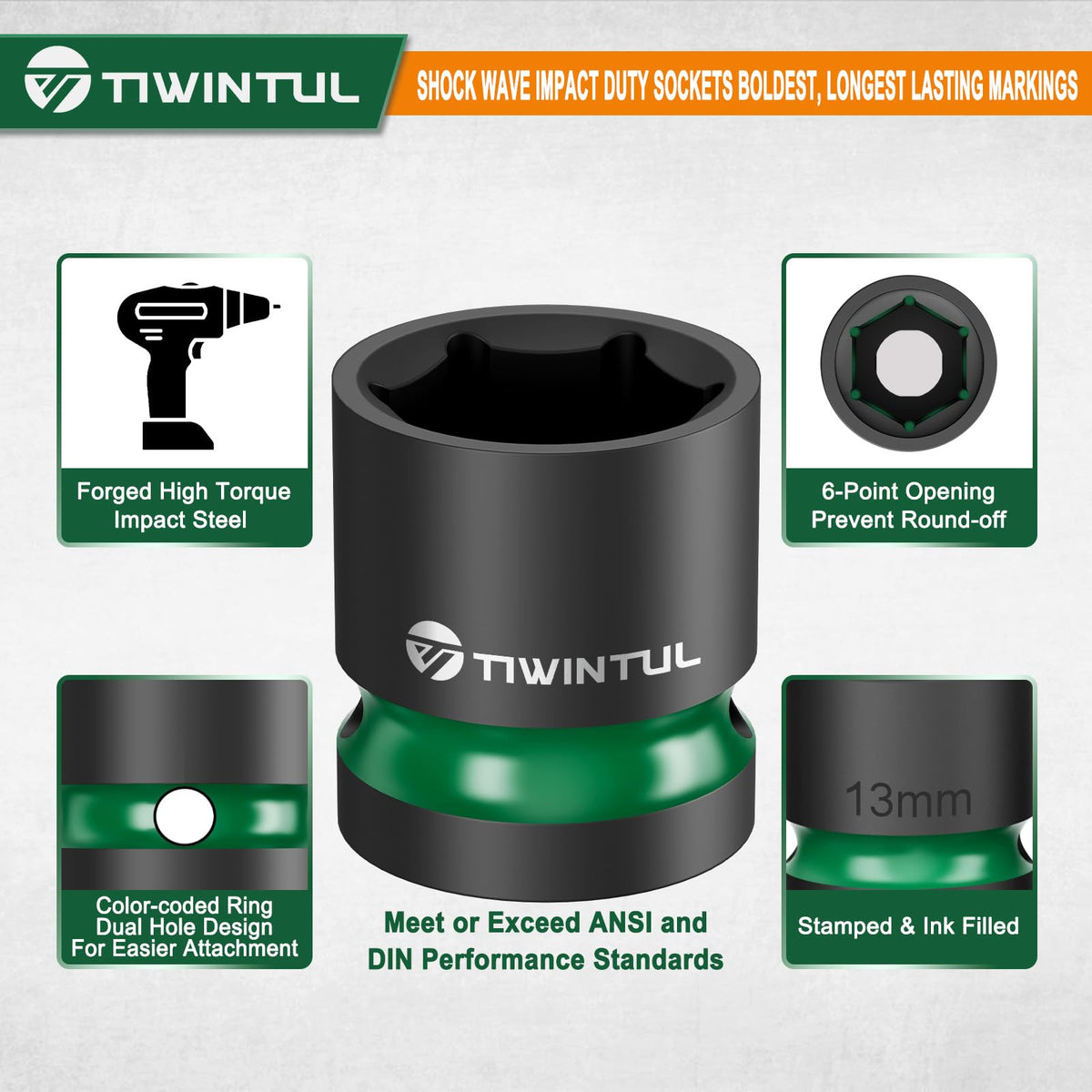 TIWINTUL 1/2-Inch Drive Shallow Impact Socket Set - 8–24mm, 16-Piece, CR-MO, 6-Point