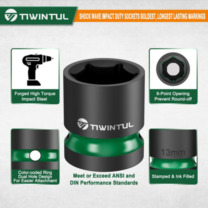 TIWINTUL 1/2-Inch Drive Shallow Impact Socket Set - 8–24mm, 16-Piece, CR-MO, 6-Point