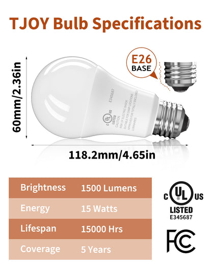 TJOY 12-Pack LED Bulbs – 100W Equivalent, 2700K Soft White, E26 Base, 1500 Lumens, Non-Dimmable