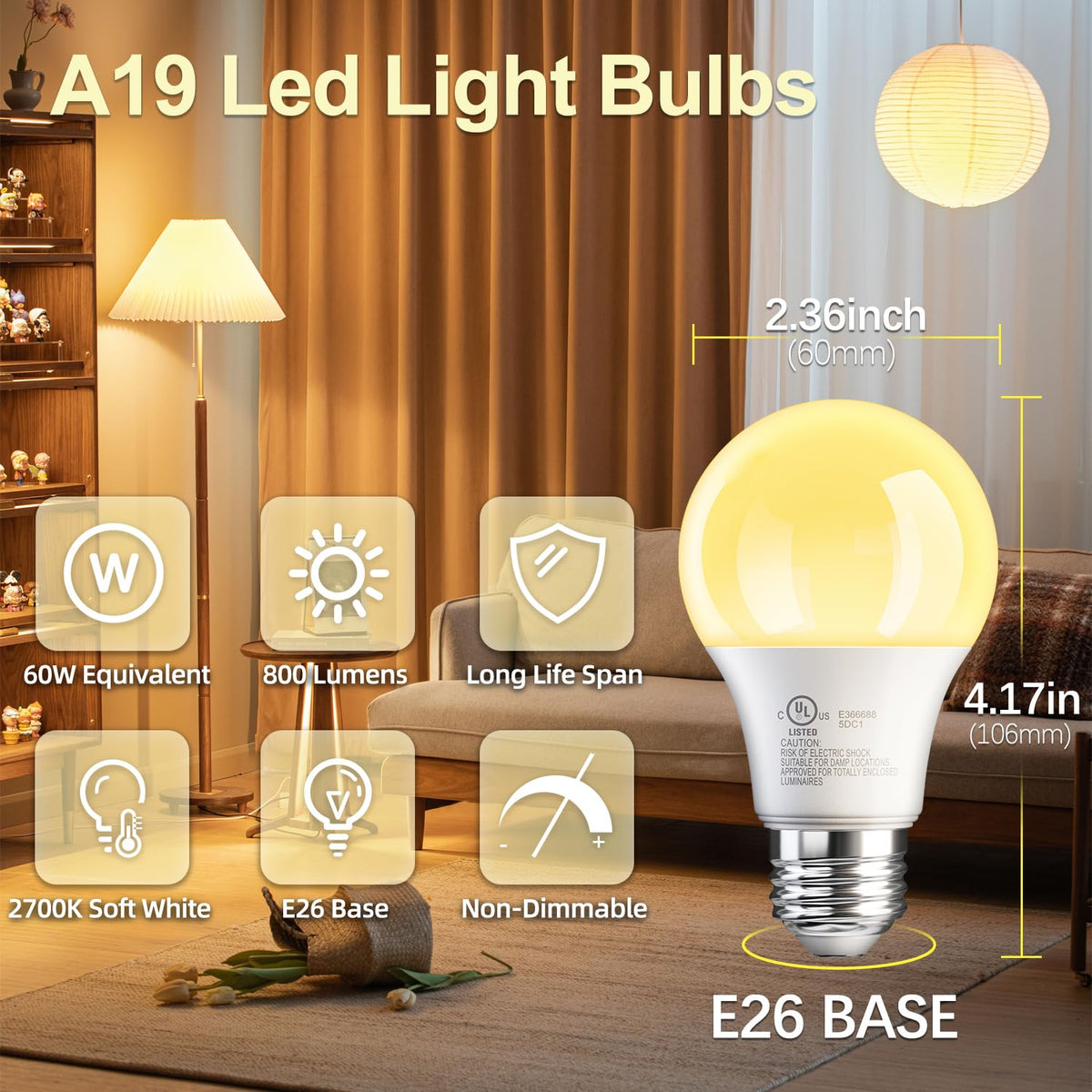 TJOY 12 Pack A19 LED Bulbs – 9W, 800LM, 2700K Soft White, E26 Base, UL Listed, 60W Equivalent
