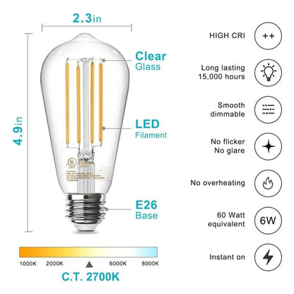 TJOY Edison Light Bulbs – Dimmable Vintage LED Filament, E26 Base, 2700K Warm White, 800LM, 6W, 6-Pack