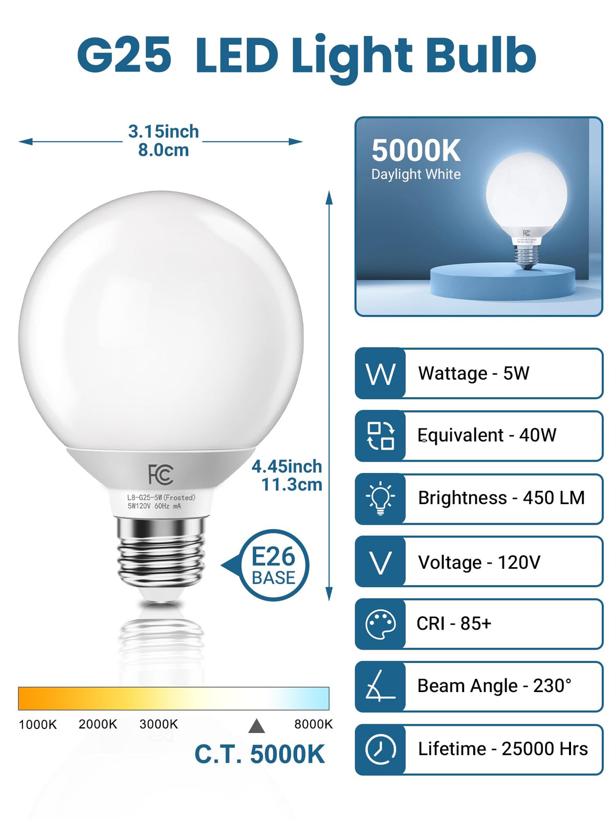 TJOY G25 LED Globe Bulbs – 40W Equivalent, 5000K Daylight, E26 Base, CRI85+, 6-Pack