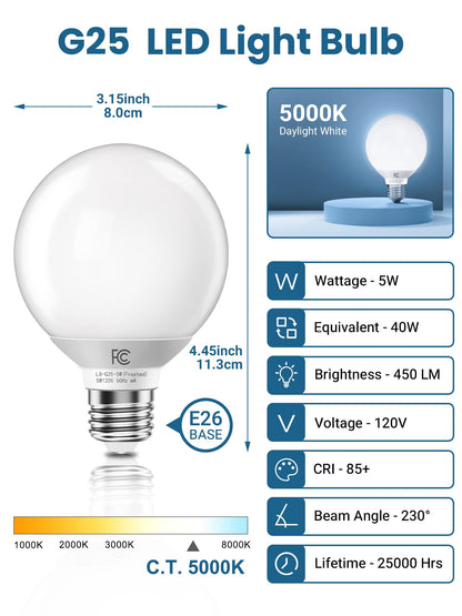 TJOY G25 LED Globe Bulbs – 40W Equivalent, 5000K Daylight, E26 Base, CRI85+, 6-Pack