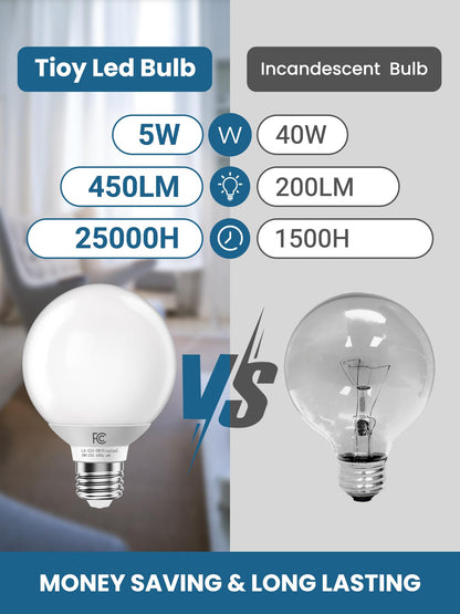 TJOY G25 LED Globe Bulbs – 40W Equivalent, 5000K Daylight, E26 Base, CRI85+, 6-Pack