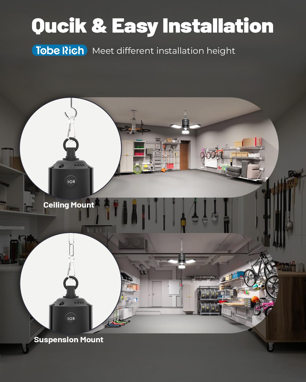 Toberich Motion Sensor Garage Light — 8000LM, 3-Panel Deformable LED, 6500K