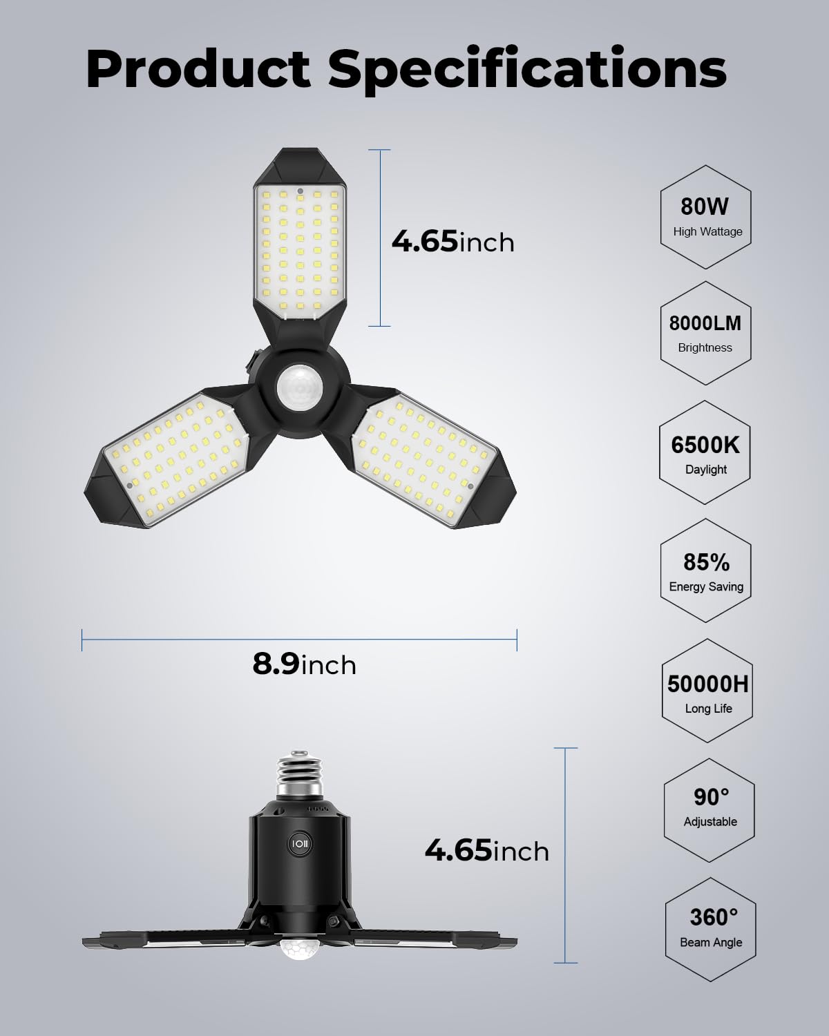 Toberich Motion Sensor Garage Light – 8000LM LED, 6500K, 3 Modes, Easy Install
