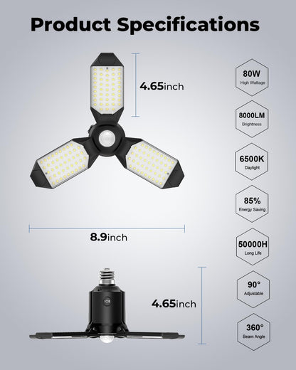 Toberich Motion Sensor Garage Light – 8000LM LED, 6500K, 3 Modes, Easy Install