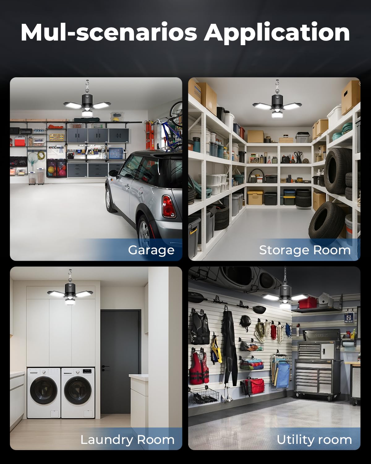 Toberich Motion Sensor Garage Light — 8000LM, 3-Panel Deformable LED, 6500K